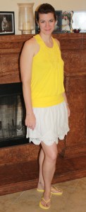 ON crochet skirt, crochet yellow top